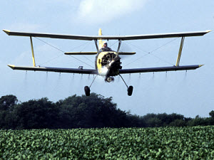 Crop Duster Farmer applies insecticide targeted against western corn rootworms in soybeans. Photo by Ken Hammon.